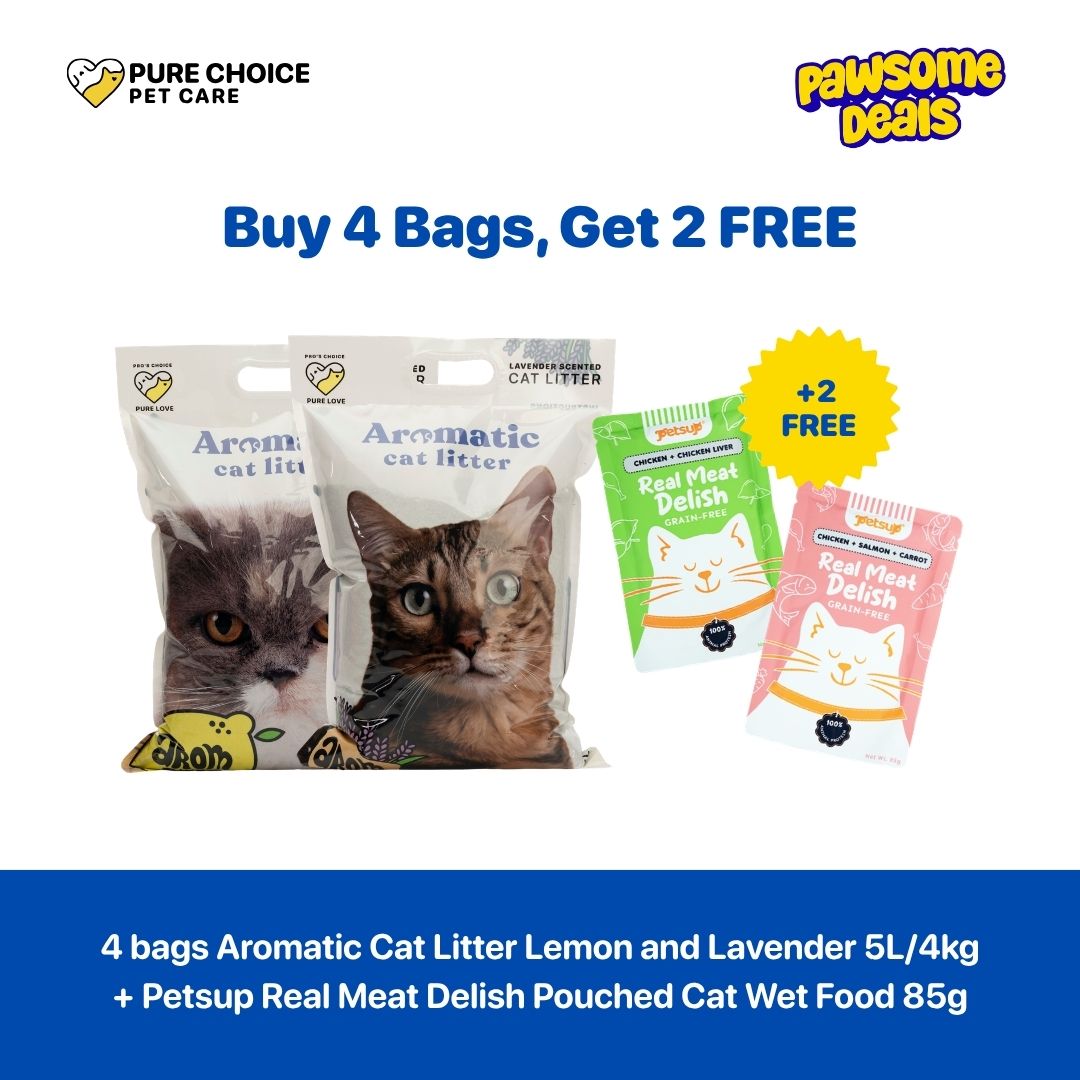 Pure Choice - Buy 4 Bags Aromatic Cat litter 10L/8kg, Get 2 Free Petsup Real Meat Delish Pouched Cat Wet Food 85g