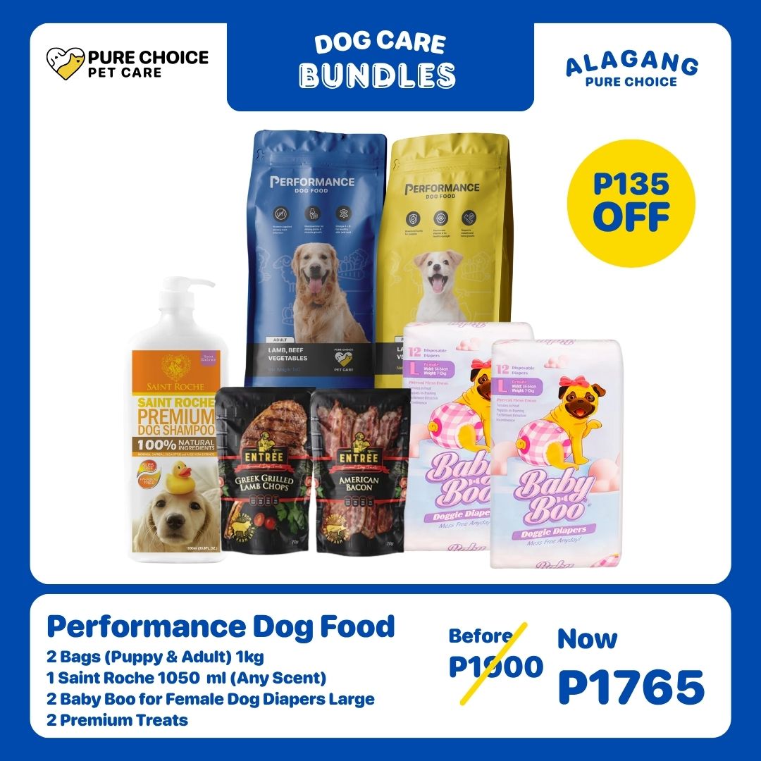 Performance Dog Food 2Bags (1kg) + Saint Roche Shampoo 1050ml + 2 Baby Boo For Female Dog Diaper Large + 2 Premium Treats