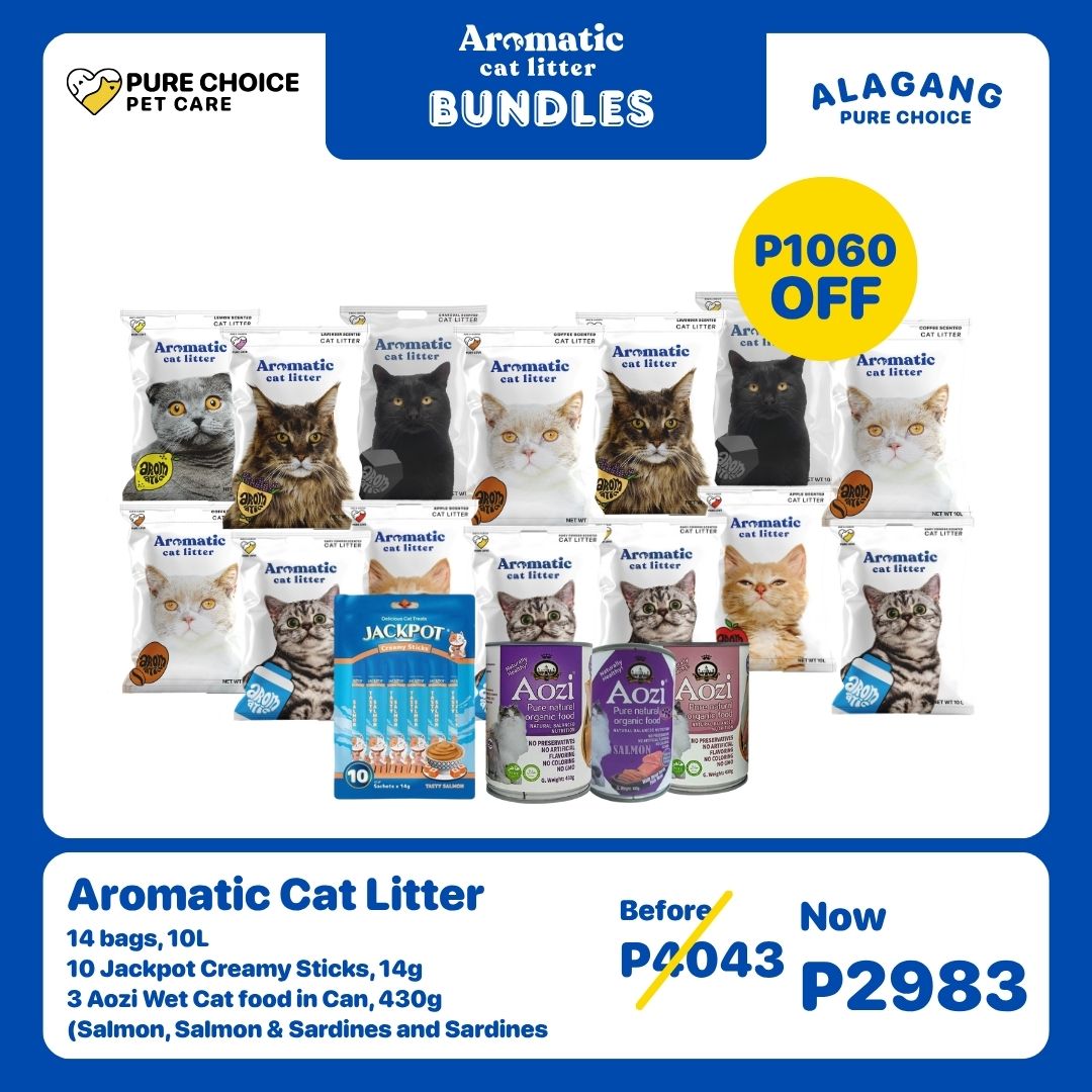 14 Bags Aromatic Cat Litter + 10pcs Jackpot Creamy Sticks 14g and 3pcs Aozi Wet Cat Food in Can 430g (Salmon, Salmon & Sardines and Sardines)