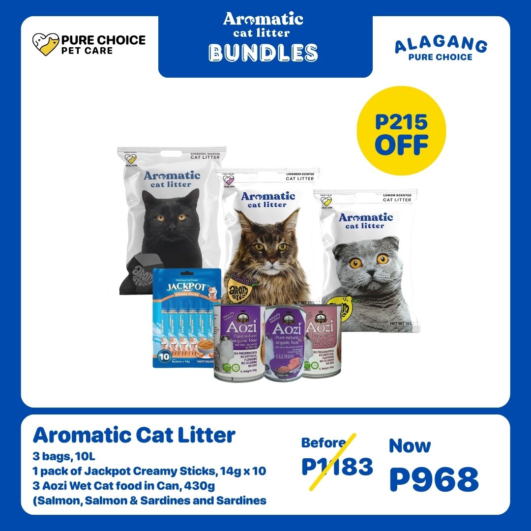 3 Bags Aromatic Cat Litter + Jackpot Creamy Sticks 14gx10 Sticks and 3pcs Aozi Wet Cat Food in Can 430g (Salmon, Salmon & Sardines and Sardines)