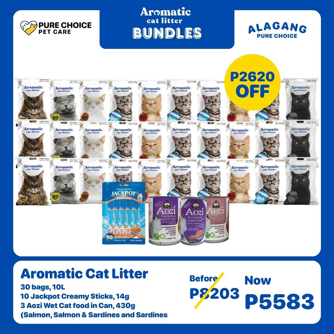 30 Bags Aromatic Cat Litter + 10pcs Jackpot Creamy Sticks 14g and 3pcs Aozi Wet Cat Food in Can 430g (Salmon, Salmon & Sardines and Sardines)