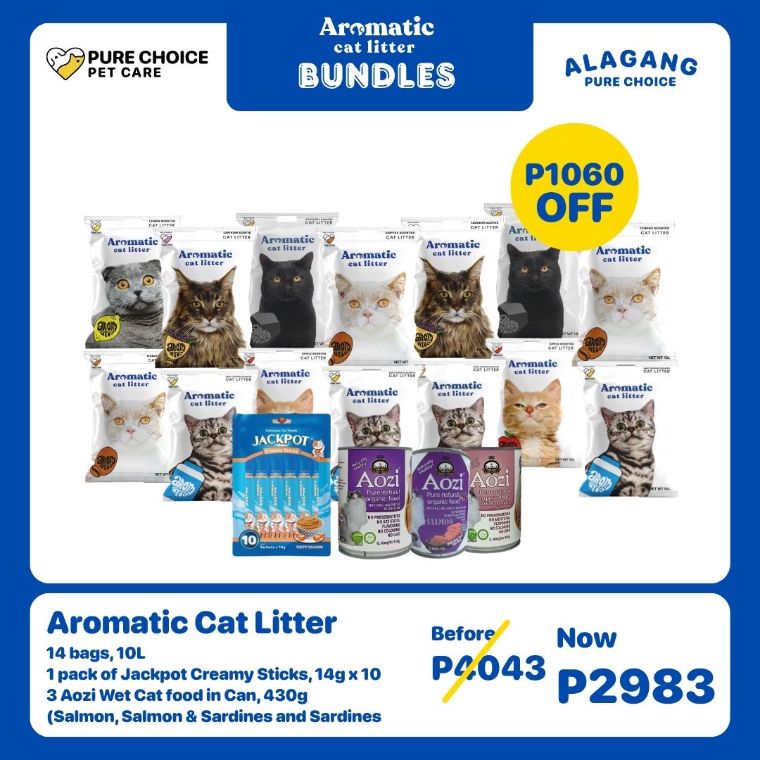 14 Bags Aromatic Cat Litter + Jackpot Creamy Sticks 14gx10 Sticks and 3pcs Aozi Wet Cat Food in Can 430g (Salmon, Salmon & Sardines and Sardines)