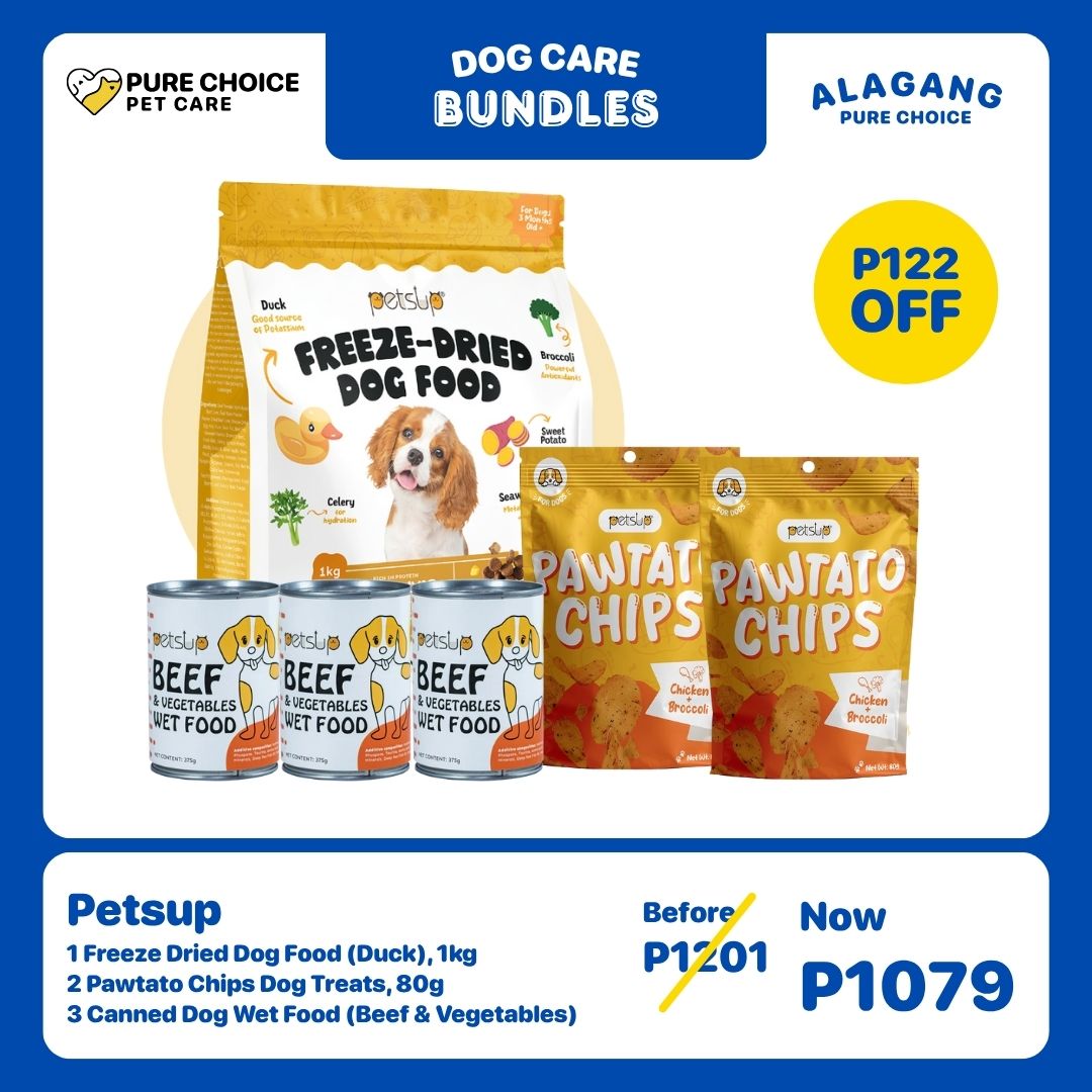 Petsup 1 Freeze Dried Dog Food (duck) 1kg + 2 Pawtato Chips Dog Treats 80g + 3 Canned Dog Wet Food (Beef & Vegestables)