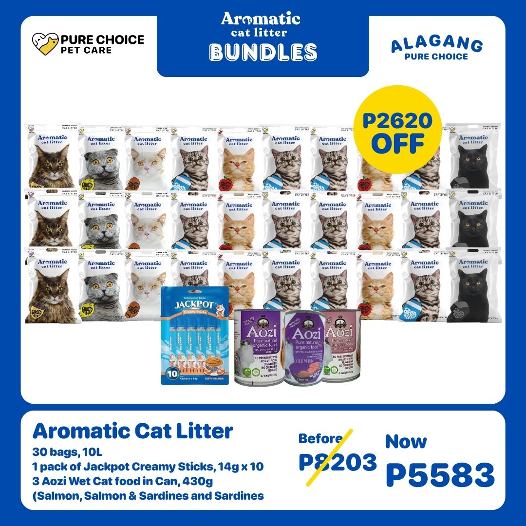 30 Bags Aromatic Cat Litter + Jackpot Creamy Sticks 14gx10 Sticks and 3pcs Aozi Wet Cat Food in Can 430g (Salmon, Salmon & Sardines and Sardines)