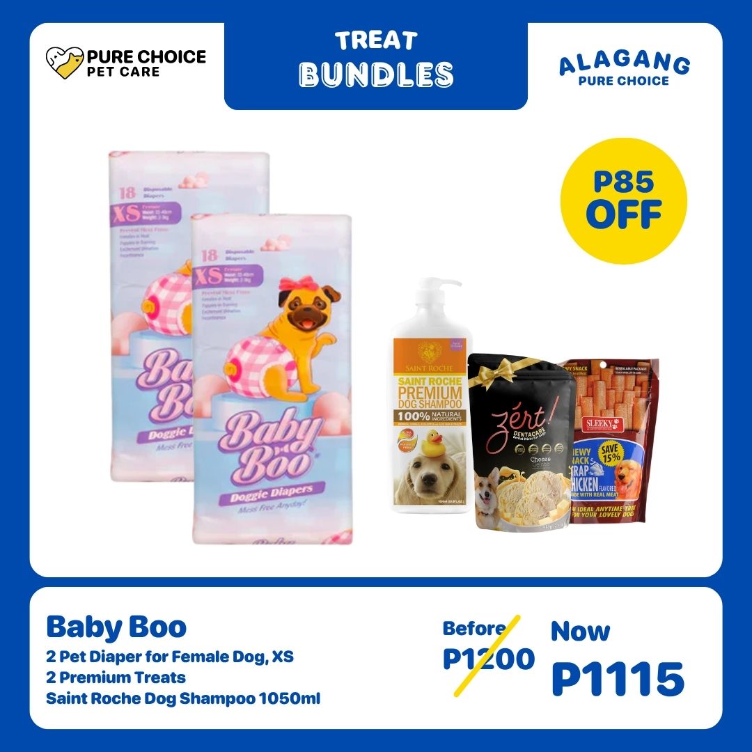 Baby Boo Diaper for Female Dog (XS) + Premium Treats & Saint Roche Dog Shampoo 1050ml