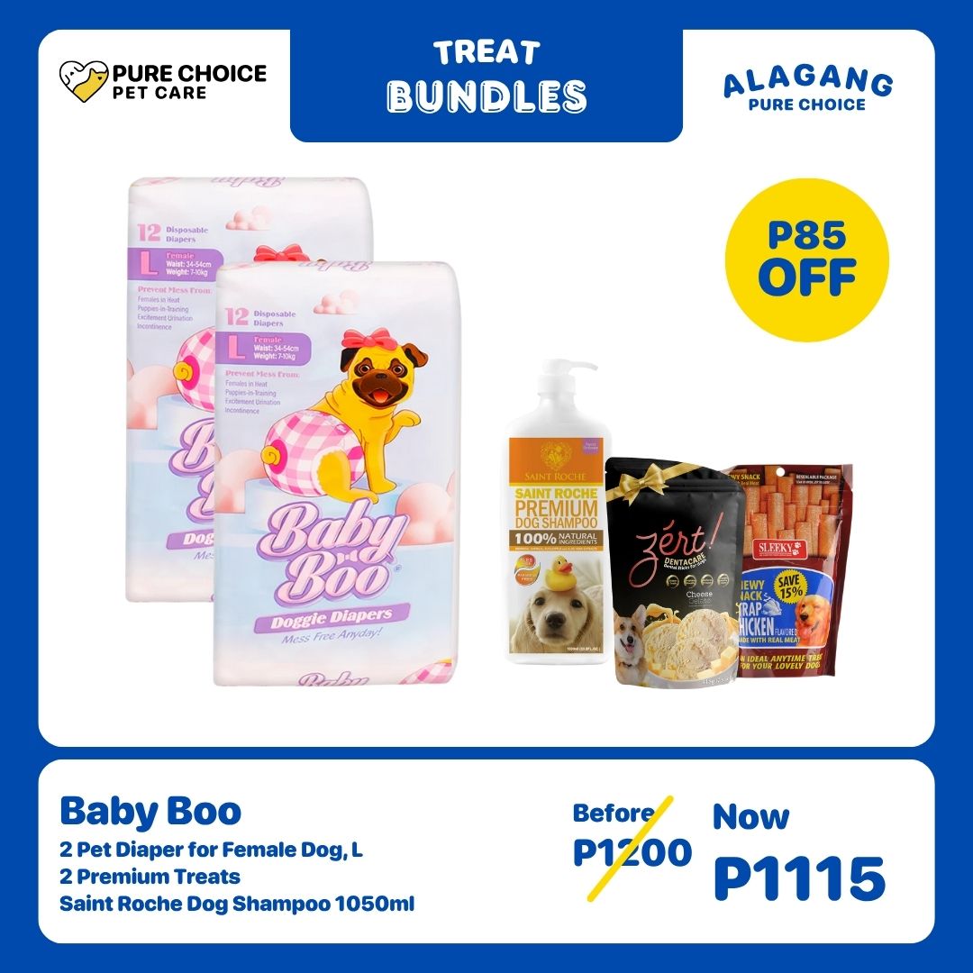 Baby Boo Diaper for Female Dog (Large) + Premium Treats & Saint Roche Dog Shampoo 1050ml