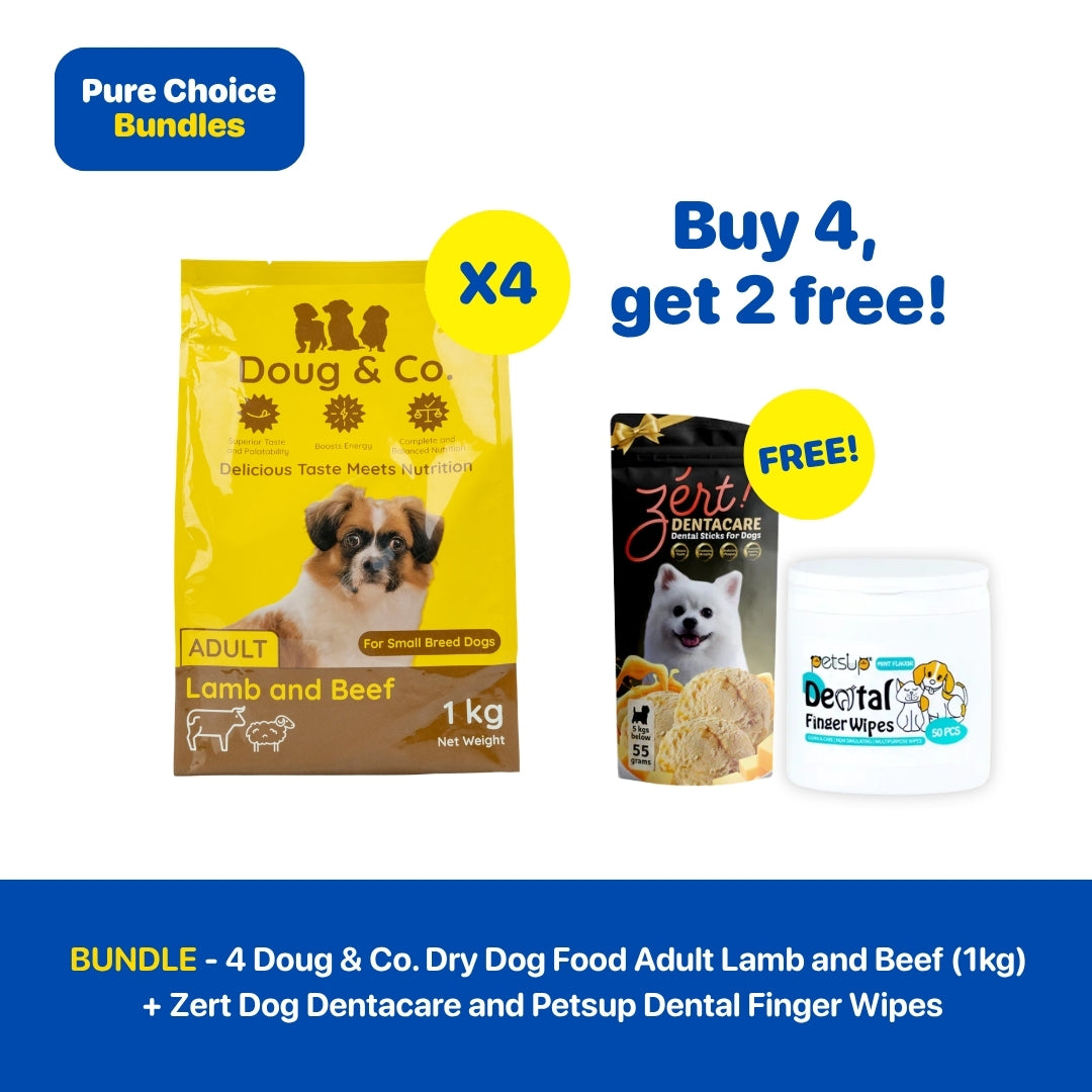 Bundle - 4 Doug & Co. Dog Food Adult Lamb and Beef (1kg) + Zert Dog Dentalcare and Petsup Dental Finger Wipes