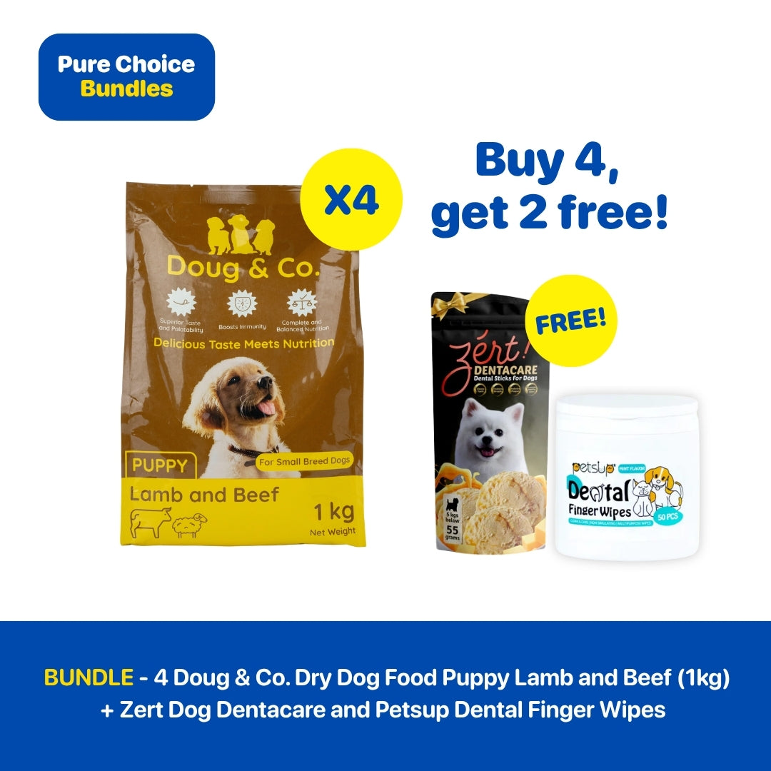 Bundle - 4 Doug & Co. Dog Food Puppy Lamb and Beef (1kg) + Zert Dog Dentalcare and Petsup Dental Finger Wipes