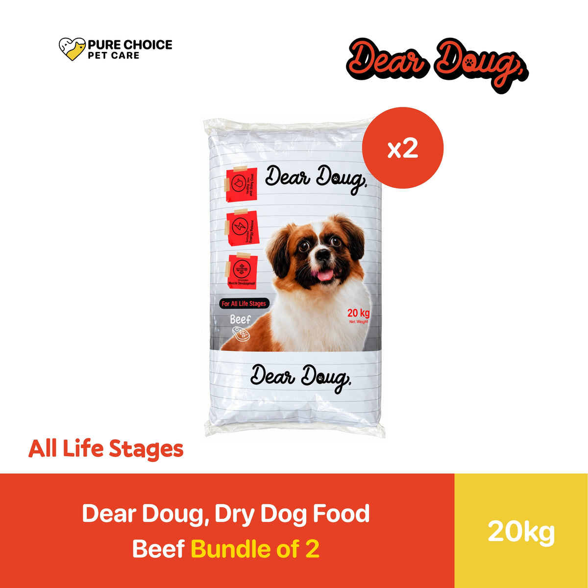 Dear Doug Dry Dog Food for All Life Stages Beef Flavor 20kg - Bundle of 2 Sacks