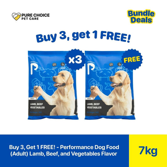 Pure Choice - Bundle of 3 Get 1 Free Performance Dry Dog Food For Puppy and Adult Lamb, Beef & Vegetable Flavor 7kg