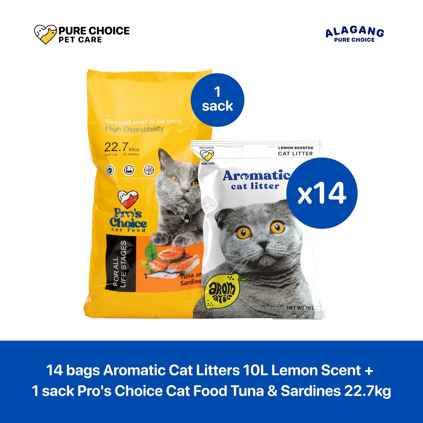 14 Bags Aromatic Cat Litters 10L/8kg + 1 sack Pro's Choice Cat Food Tuna & Sardines 22.7kg