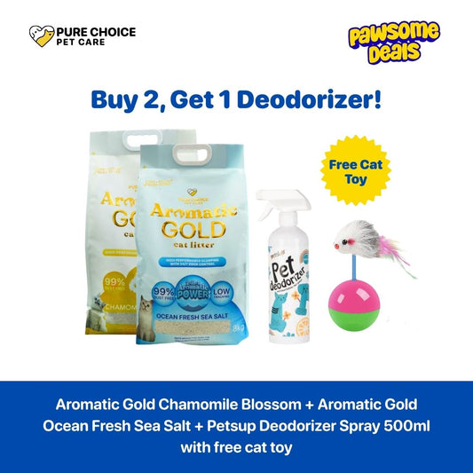 Pure Choice - Buy 2 Bags Aromatic Gold Cat Litter Chamomile Blossom and Ocean Fresh Sea salt 8kg , Get 1 Petsup Deodorizer Spray 500ml
