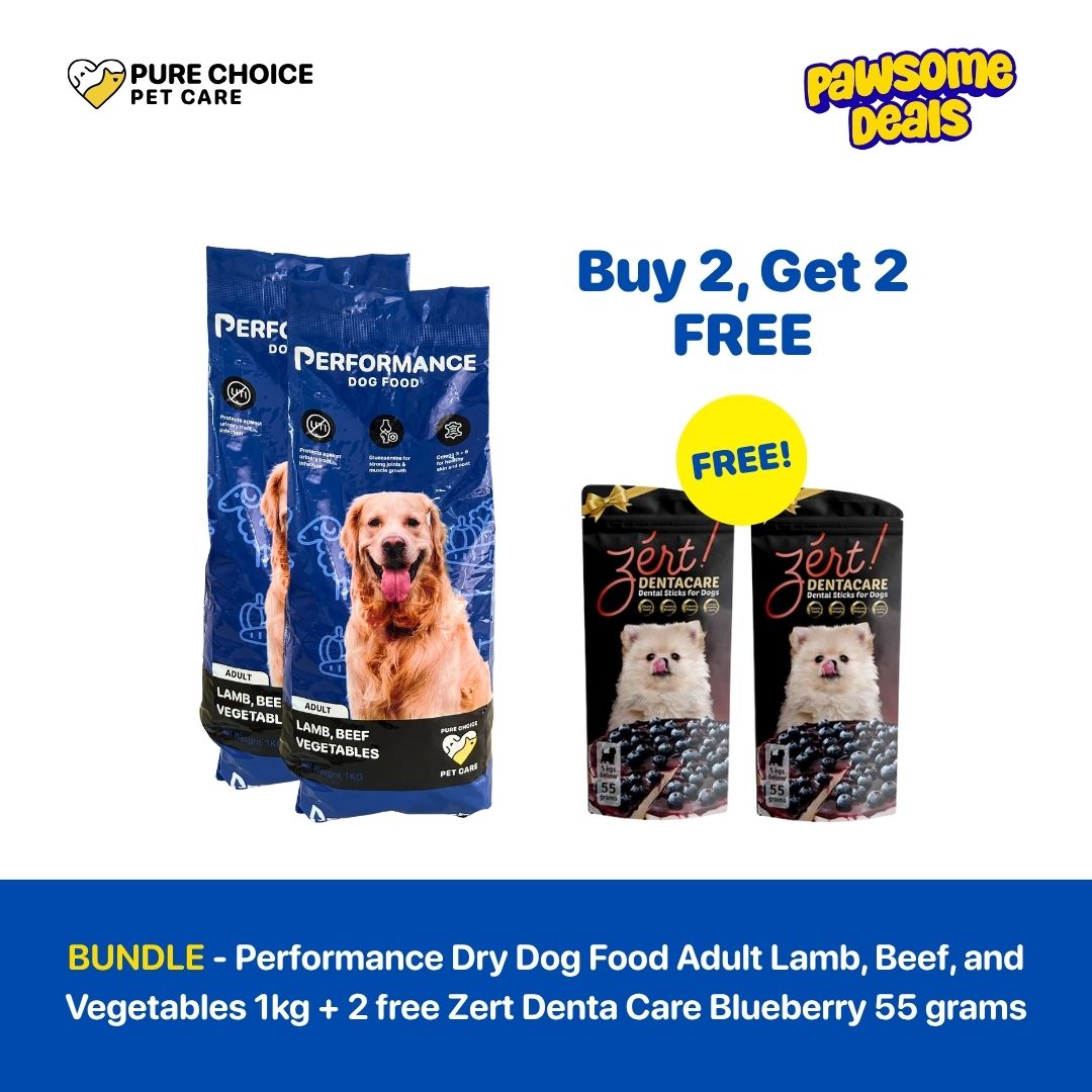Pure Choice - Bundle Performance Dry Dog Food Adult Lamb, Beef, and Vegetables 1kg + 2 Free Zert Dental Care Blueberry 55g