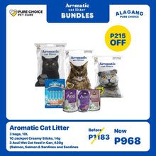 3 Bags Aromatic Cat Litter + 10pcs Jackpot Creamy Sticks 14g and 3pcs Aozi Wet Cat Food in Can 430g (Salmon, Salmon & Sardines and Sardines)