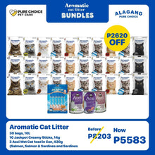 30 Bags Aromatic Cat Litter + 10pcs Jackpot Creamy Sticks 14g and 3pcs Aozi Wet Cat Food in Can 430g (Salmon, Salmon & Sardines and Sardines)