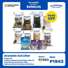 8 Bags Aromatic Cat Litter + Jackpot Creamy Sticks 14gx10 Sticks and 3pcs Aozi Wet Cat Food in Can 430g (Salmon, Salmon & Sardines and Sardines)