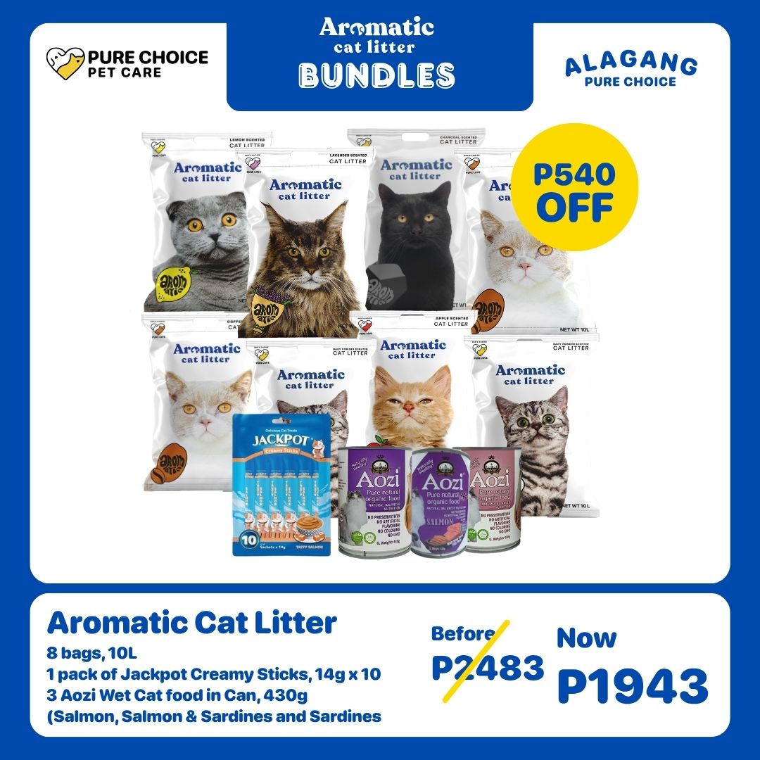8 Bags Aromatic Cat Litter + Jackpot Creamy Sticks 14gx10 Sticks and 3pcs Aozi Wet Cat Food in Can 430g (Salmon, Salmon & Sardines and Sardines)