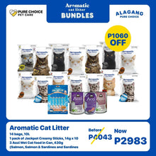 14 Bags Aromatic Cat Litter + Jackpot Creamy Sticks 14gx10 Sticks and 3pcs Aozi Wet Cat Food in Can 430g (Salmon, Salmon & Sardines and Sardines)