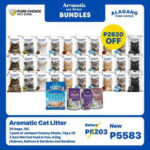 30 Bags Aromatic Cat Litter + Jackpot Creamy Sticks 14gx10 Sticks and 3pcs Aozi Wet Cat Food in Can 430g (Salmon, Salmon & Sardines and Sardines)