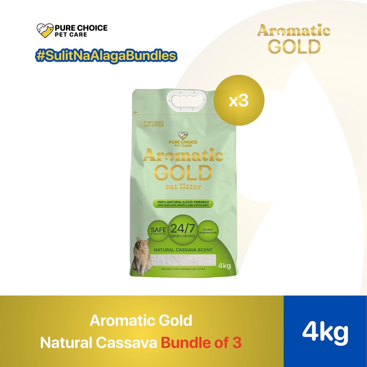 Aromatic Gold Plant-Based Cat Litter Natural Cassava 6-8L/4kg (Eco Bundle) - Bundle of 3
