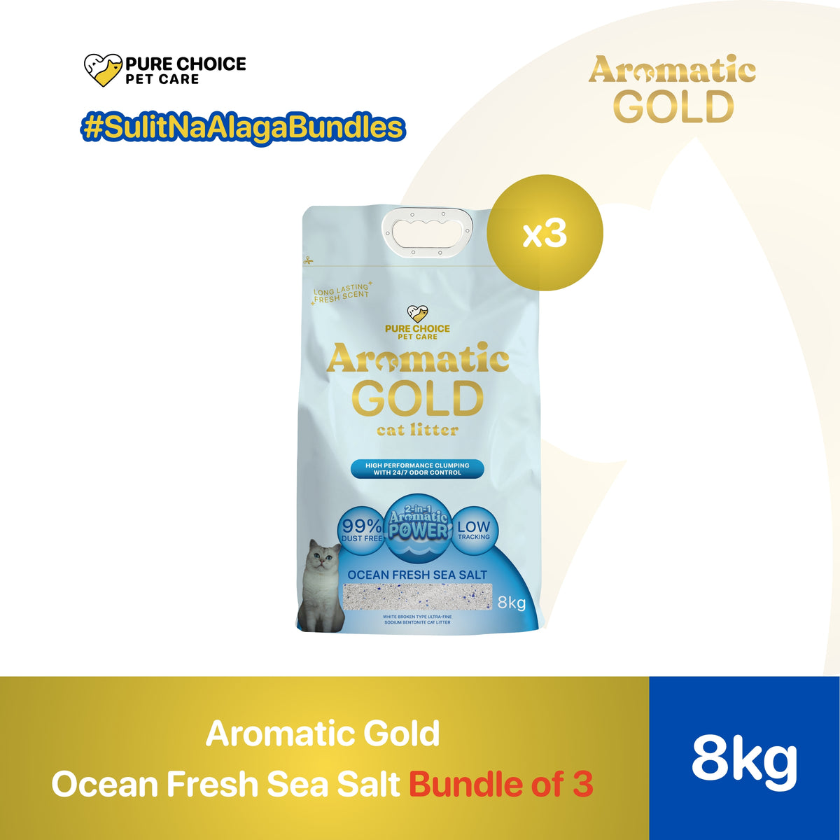 Aromatic Gold Ultra-fine Bentonite Cat Litter Ocean Fresh Sea Salt 10-12L/8kg (Breeze Bundle) - Bundle of 3