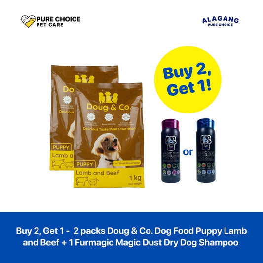 Pure Choice - Buy 2, Get 1 Doug & Co. Dry Dog Food for Puppy Lamb and Beef Flavor 1Kg + Furmagic Magic Dust Dry Dog Shampoo 125g