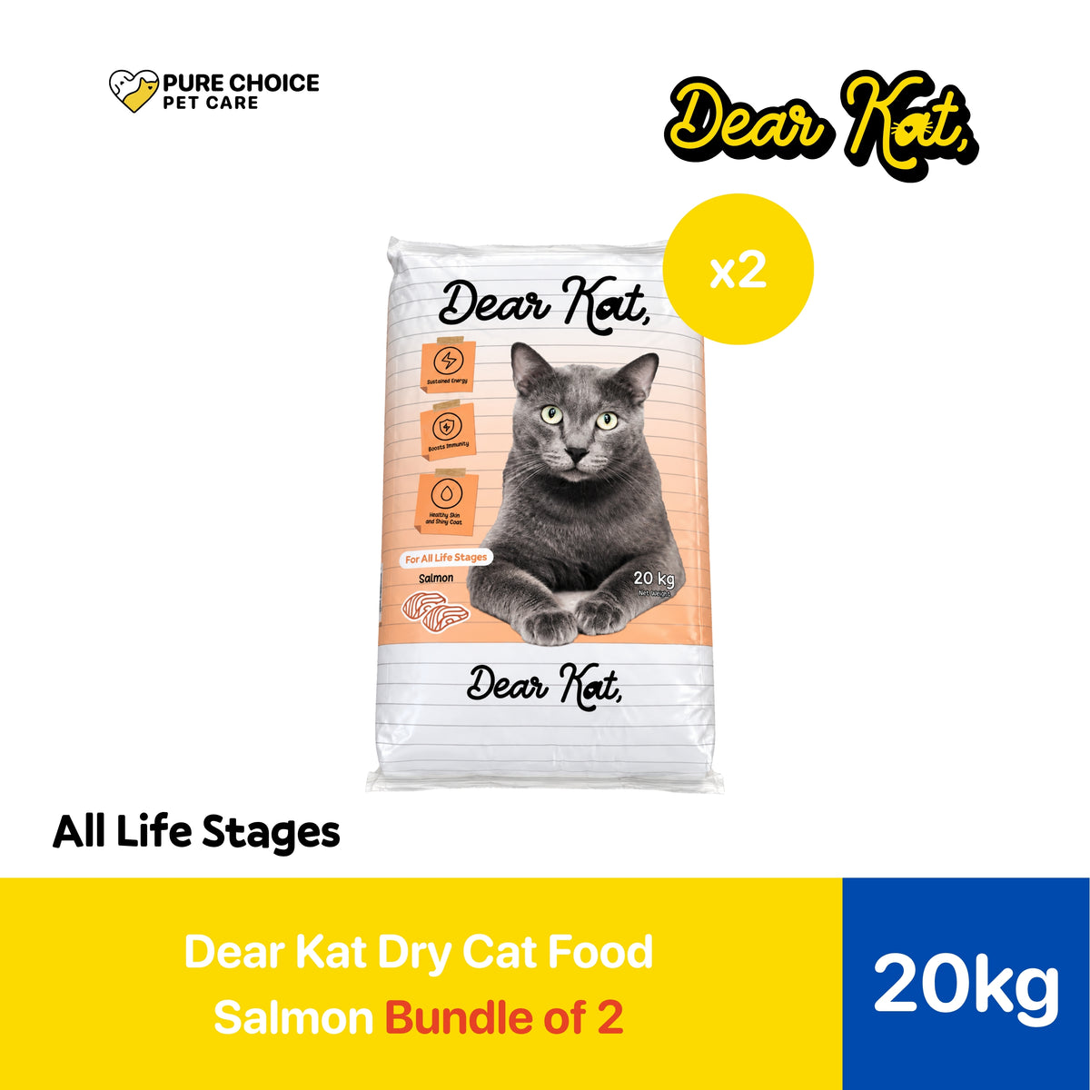 Dear Kat Dry Cat Food for all life Stages 20Kg - Bundle of 2 Sacks