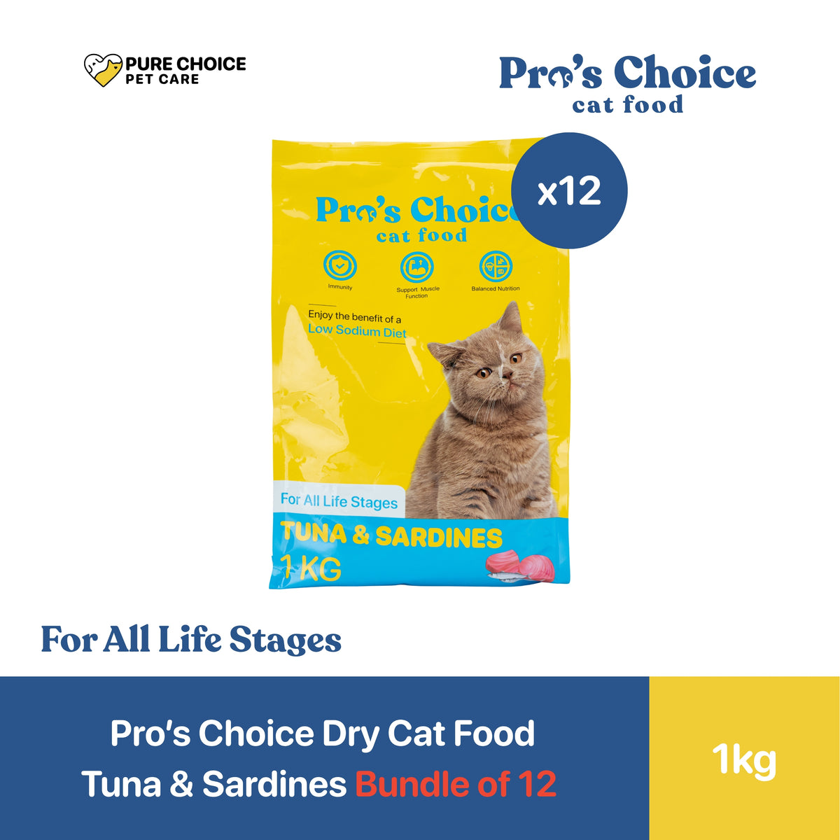Pro's Choice Dry Cat Food for All Life Stages Tuna & Sardines Flavor 1Kg - Bundle of 12 Packs