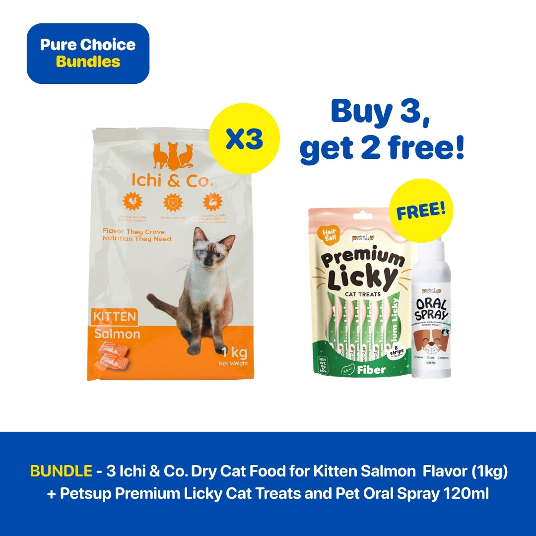 Bundle - 3 Ichi & Co. Dry Cat Food for Kitten Salmon Flavor (1kg) + Petsup Premium Licky Cat Treats and Pet Oral Spray 120ml